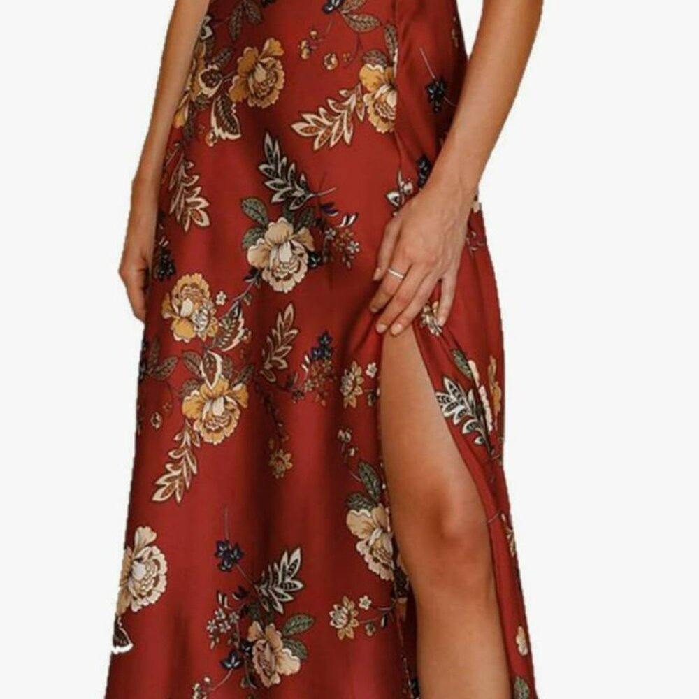Spaghetti Strap Midi Satin Dress - Maroon floral - Thigh Slit - Size Small